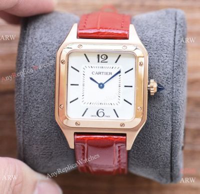 Copy Cartier Alberto Santos-Dumont de Quartz watches Red Leather Strap